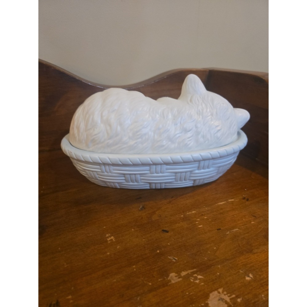Vintage House of Lloyd 2 Piece Ceramic Cat/Kitten On Basket 1989 Cookie Candy - Picture 3 of 11
